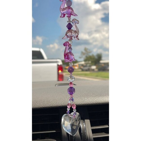 Dinosaur Beaded Suncatcher Rearview Mirror Charm Pink Clear Heart Crystal Prism - Picture 4 of 10